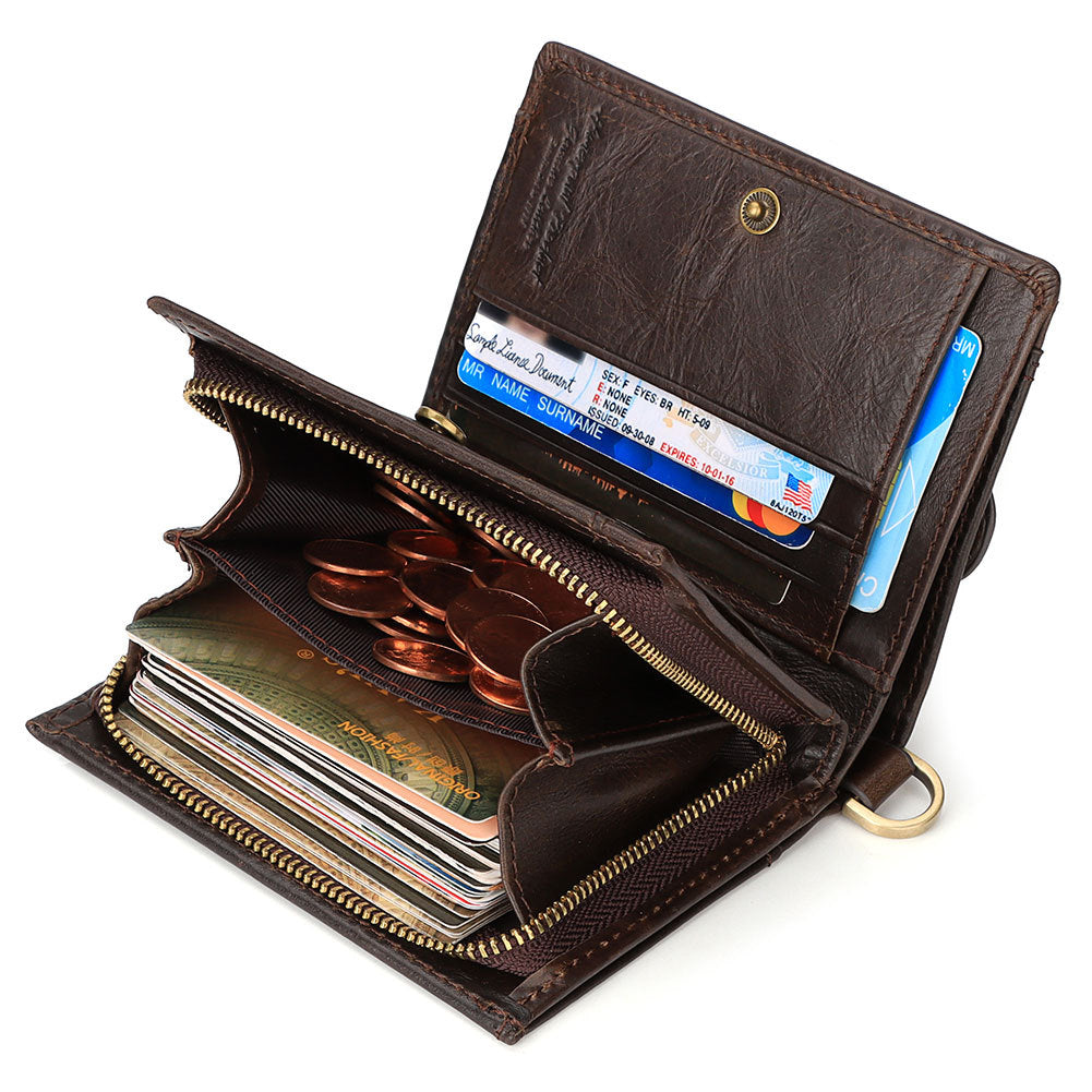 Anti-Magnetic Men's Wallet Leather Zipper Wallet Large Capacity Multi-Card Coin Pocket