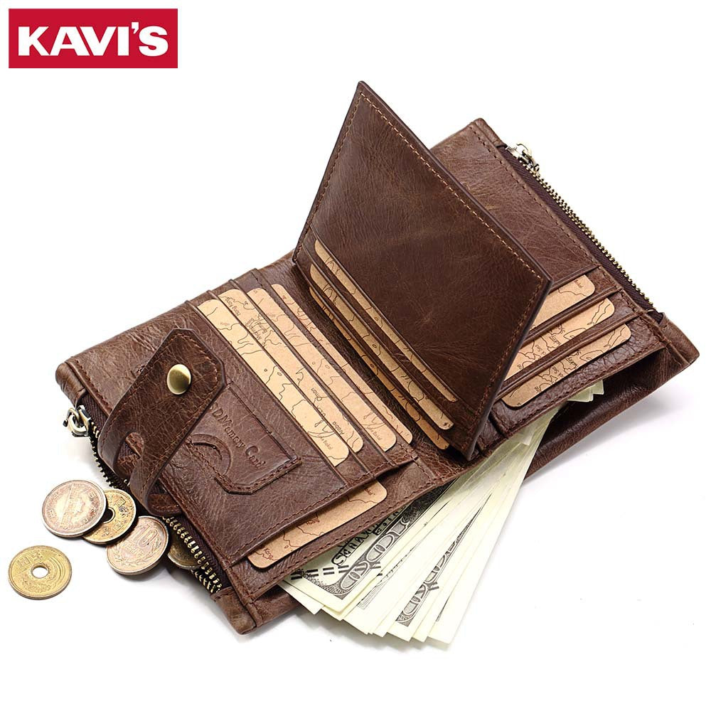 Leather Wallet KAVIS Fashion Short Men's Wallet Double Zipper Large Capacity