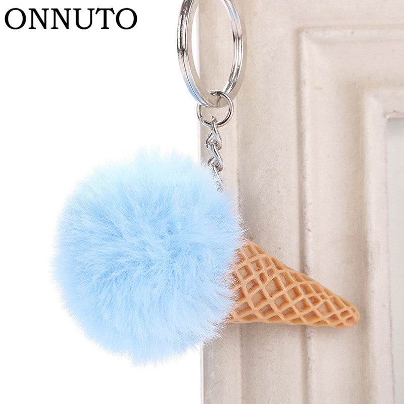 Fur Ball Ice Cream Cone Keychain Furry Acrylic Key Chain Ring Keyring Pompon Backpack Women Shoulder Bags Pendant