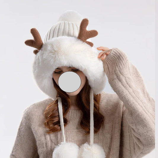 Christmas Deer Horn Knitted Hat Women Winter Outdoor Skiing Cold Proof