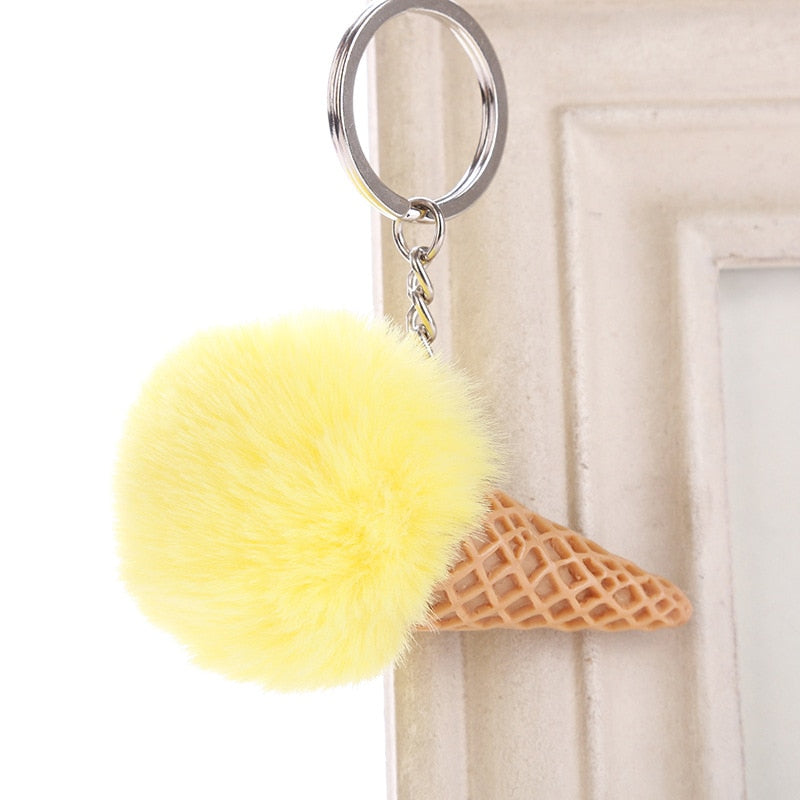 Fur Ball Ice Cream Cone Keychain Furry Acrylic Key Chain Ring Keyring Pompon Backpack Women Shoulder Bags Pendant