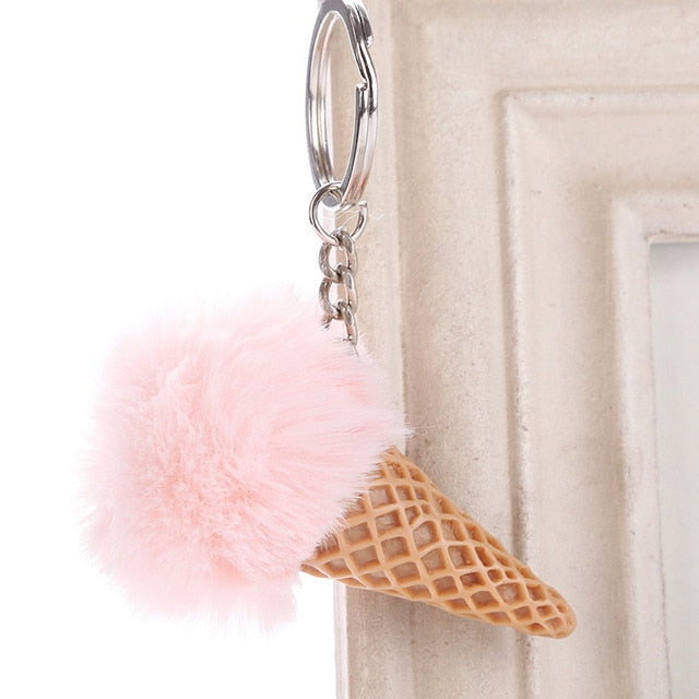 Fur Ball Ice Cream Cone Keychain Furry Acrylic Key Chain Ring Keyring Pompon Backpack Women Shoulder Bags Pendant