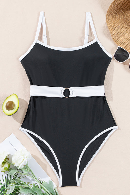 Black Contrast Trim Two Tone Belted One Piece Swimsuit