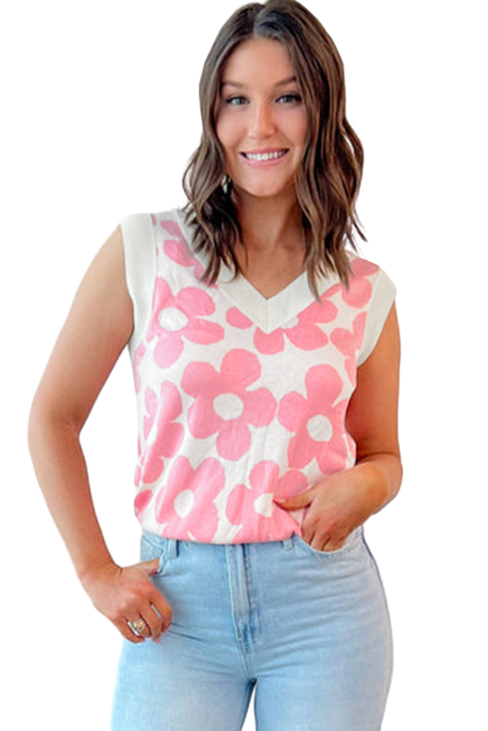 Pink Cute Flower Knitted V Neck Tank Top