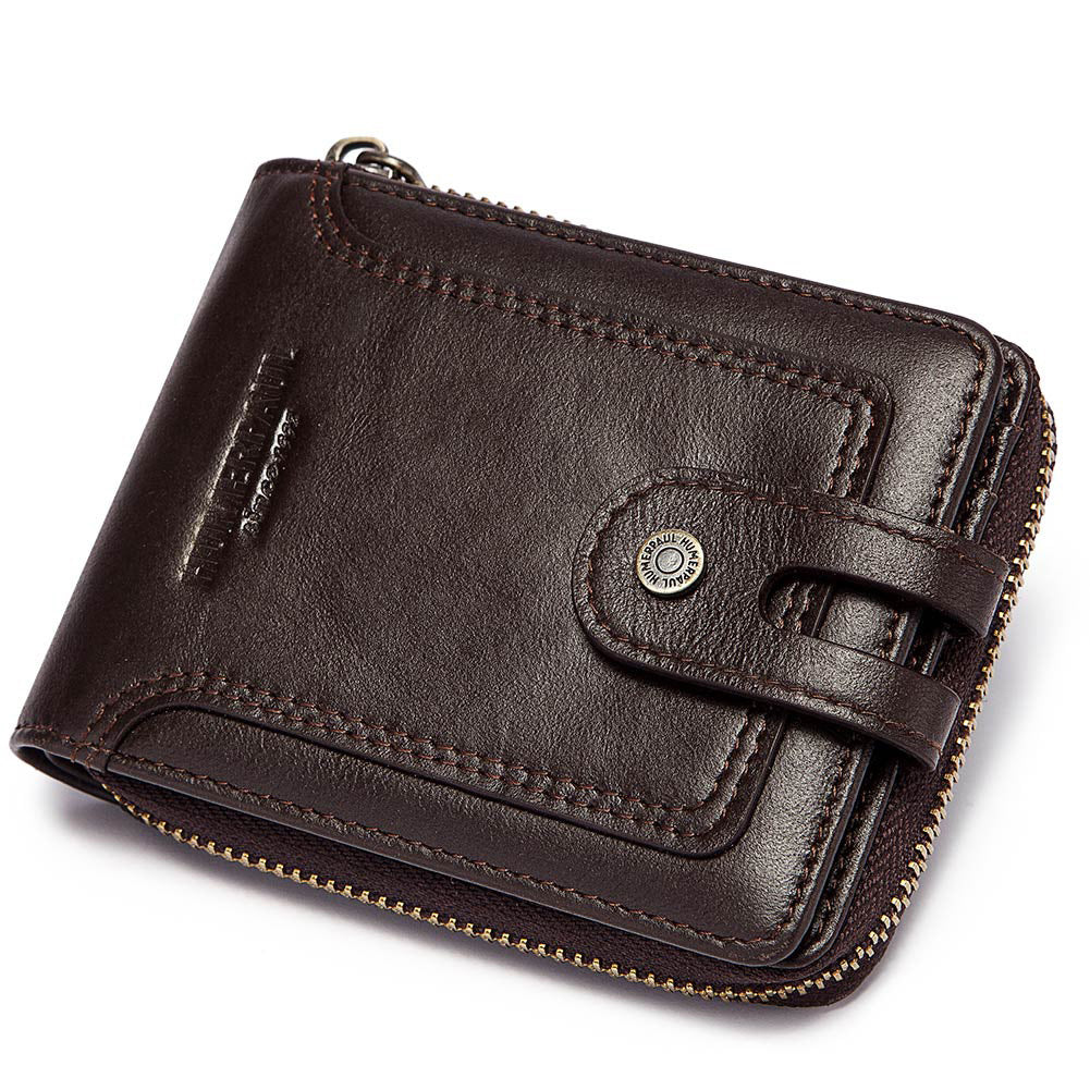 Anti-Theft Brush Men's Leather Wallet Top Layer Cowhide Short Coin Purse Zipper Retro Leather Men Bag