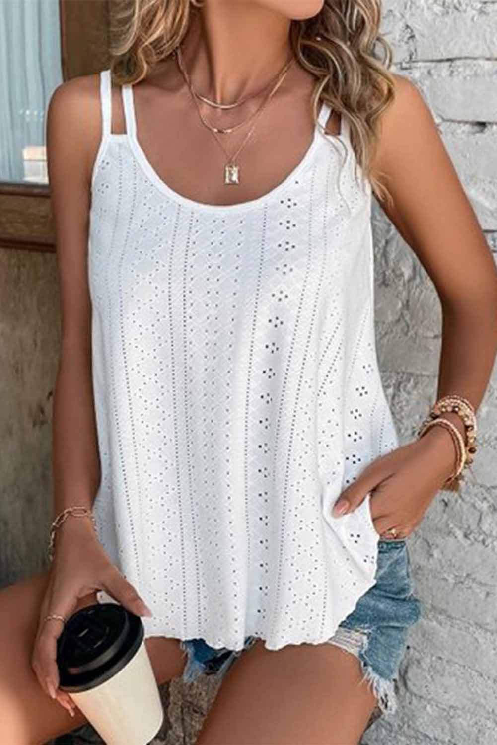 White Eyelet Strappy Scoop-Neck Tank Top