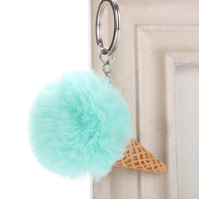 Fur Ball Ice Cream Cone Keychain Furry Acrylic Key Chain Ring Keyring Pompon Backpack Women Shoulder Bags Pendant