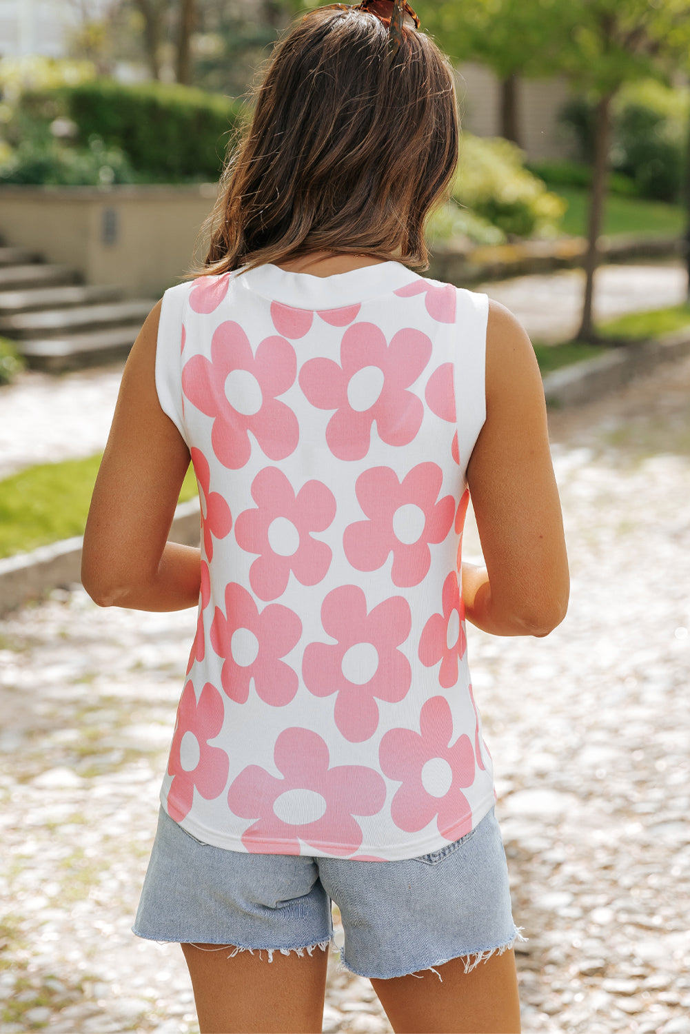 Pink Cute Flower Knitted V Neck Tank Top