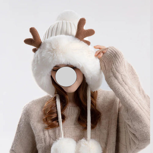 Christmas Deer Horn Knitted Hat Women Winter Outdoor Skiing Cold Proof