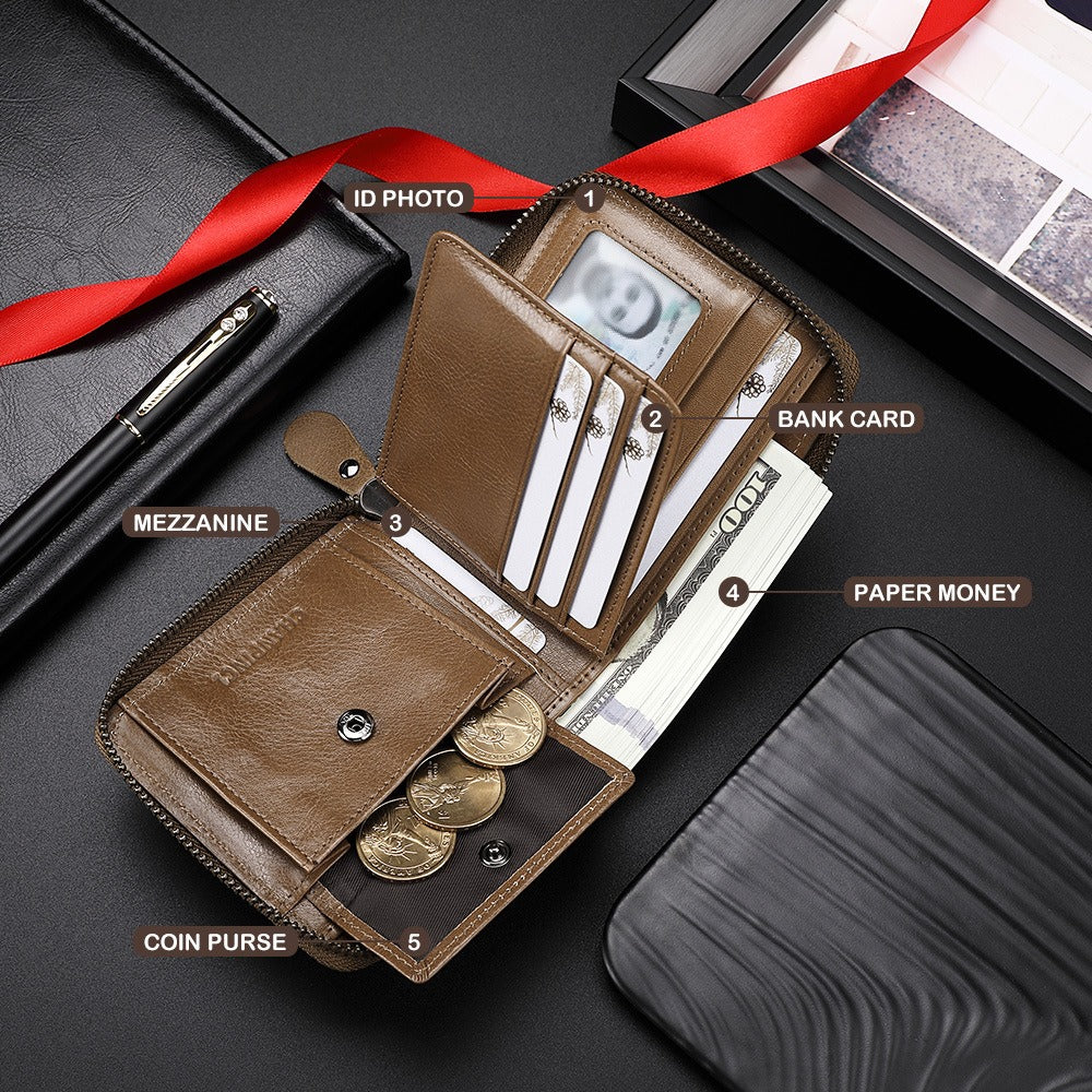 Men's Wallet Leather Zero Purse Zipper Wallet Horizontal Multi-Function Gift Box Wallet