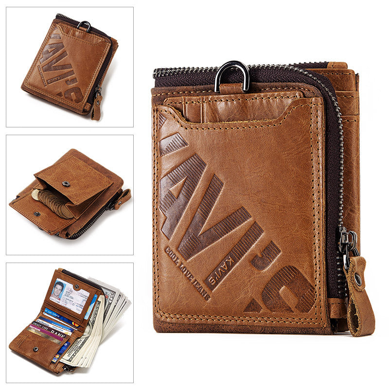 Genuine Cowhide Men's Short Wallet Fashion Casual Zipper Wallet Open Multifunctional Coin Purse