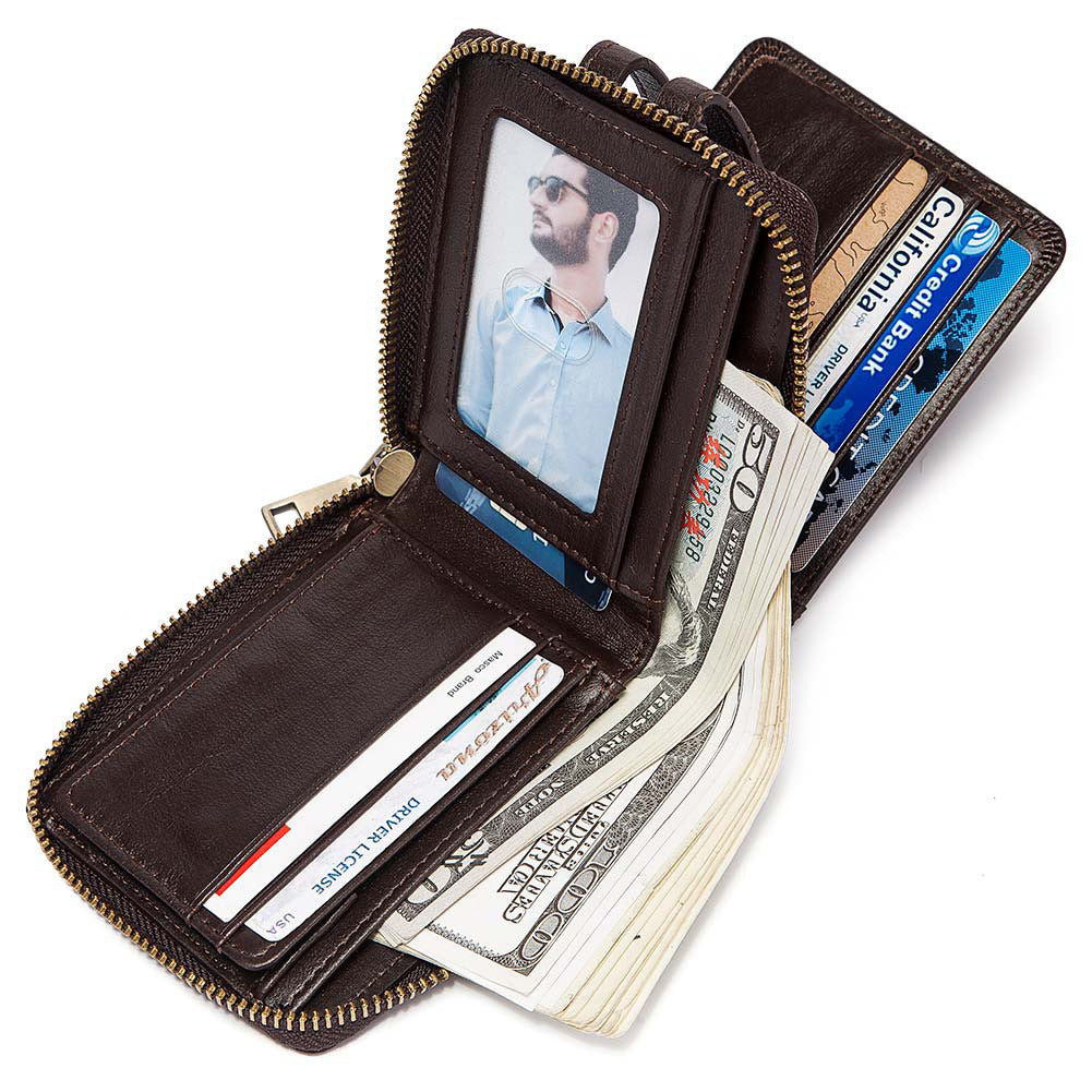 Anti-Theft Brush Men's Leather Wallet Top Layer Cowhide Short Coin Purse Zipper Retro Leather Men Bag