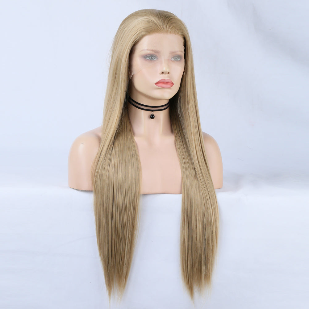 Linen Lace Front Wig Ombre Synthetic Hair Wig Middle Part Highlight Wig Long Straight Hair