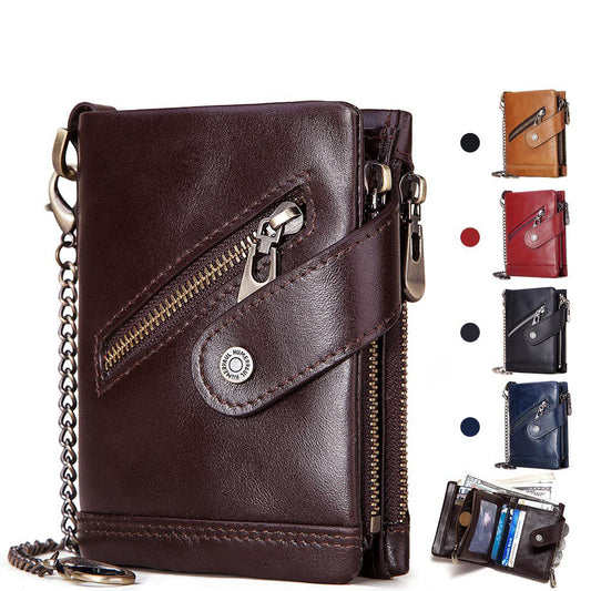 Leather RFID Wallet Independent Station Men's New Double Zipper Anti-Magnetic Anti-Theft Brush Tri-fold Coin Purse