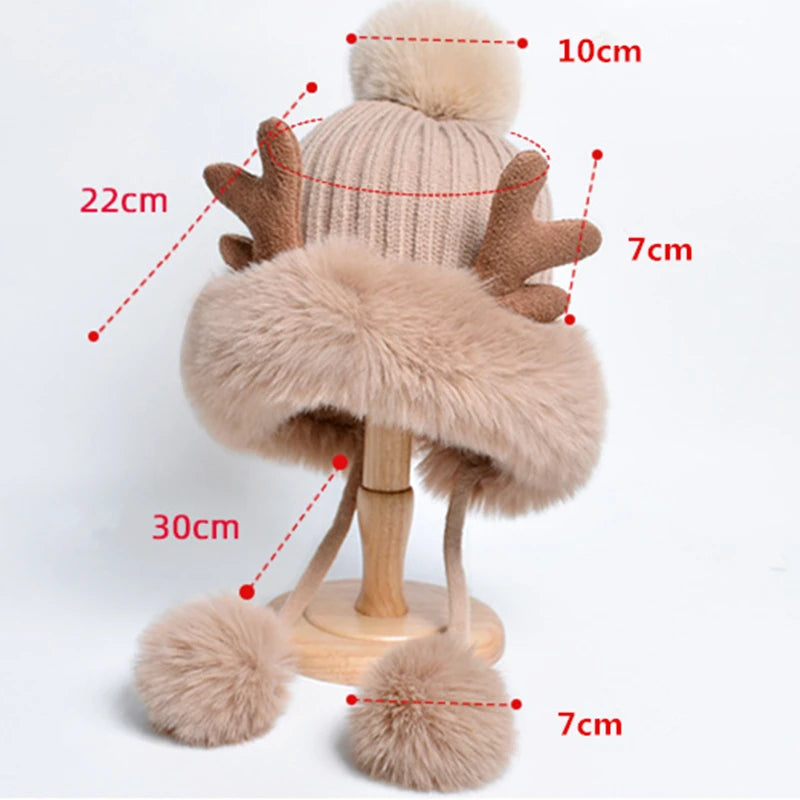 Christmas Deer Horn Knitted Hat Women Winter Outdoor Skiing Cold Proof