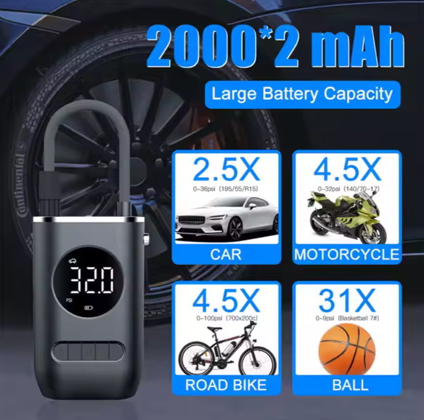 🛞 Portable Wireless Digital Tire Inflator – Multifunctional Electric Air Pump for Cars, Motorcycles, Bikes &amp; More (150 PSI | 2000mAh Dual Battery)