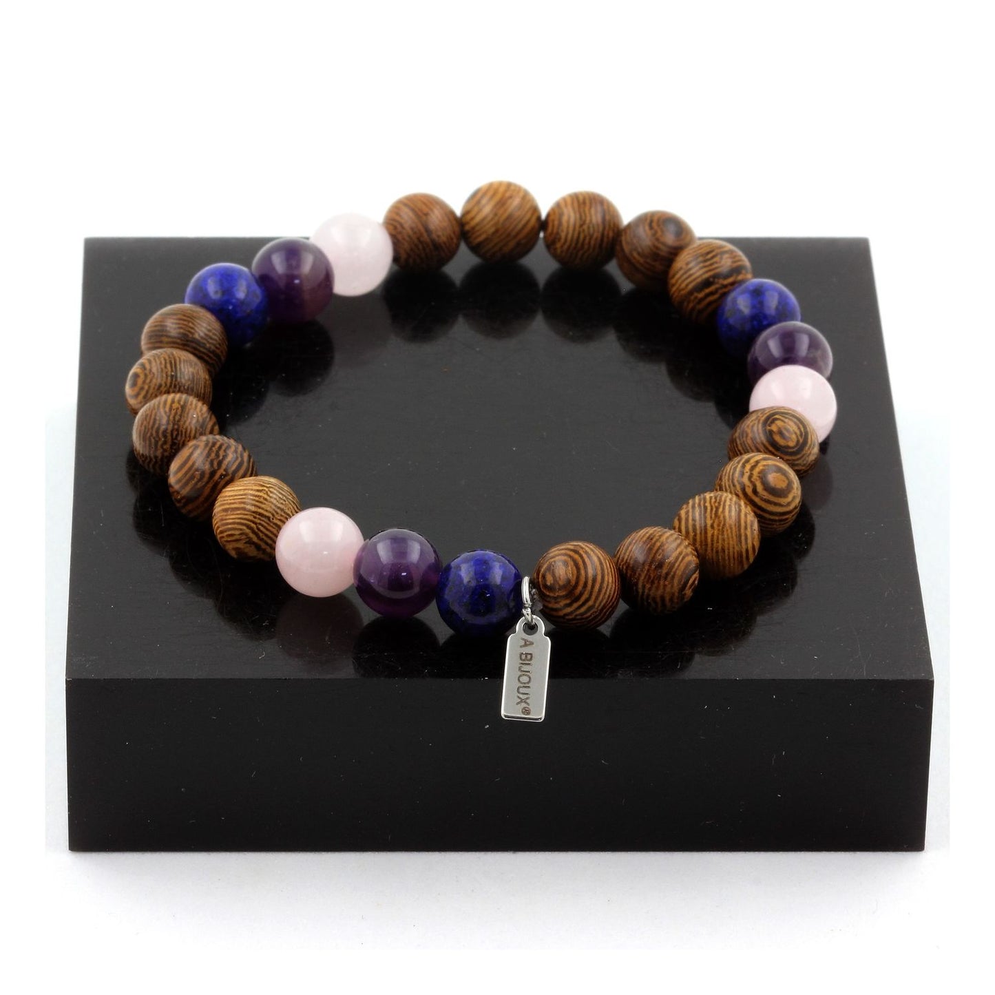 Rose Quartz + Lapis Lazuli + Amethyst + Wood Bracelet 8 mm Beads.