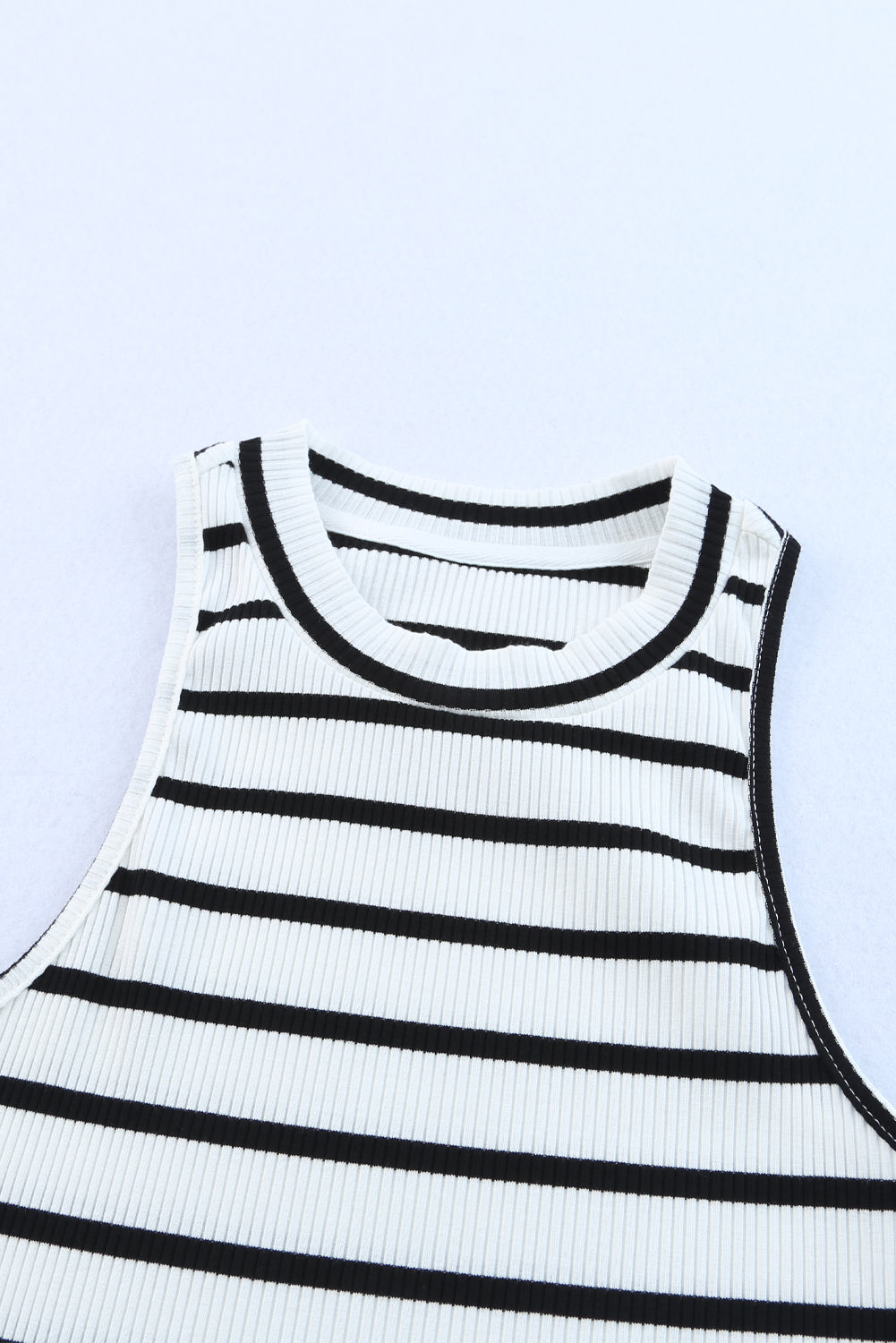 White Striped Print Ribbed O-neck Sleeveless Top