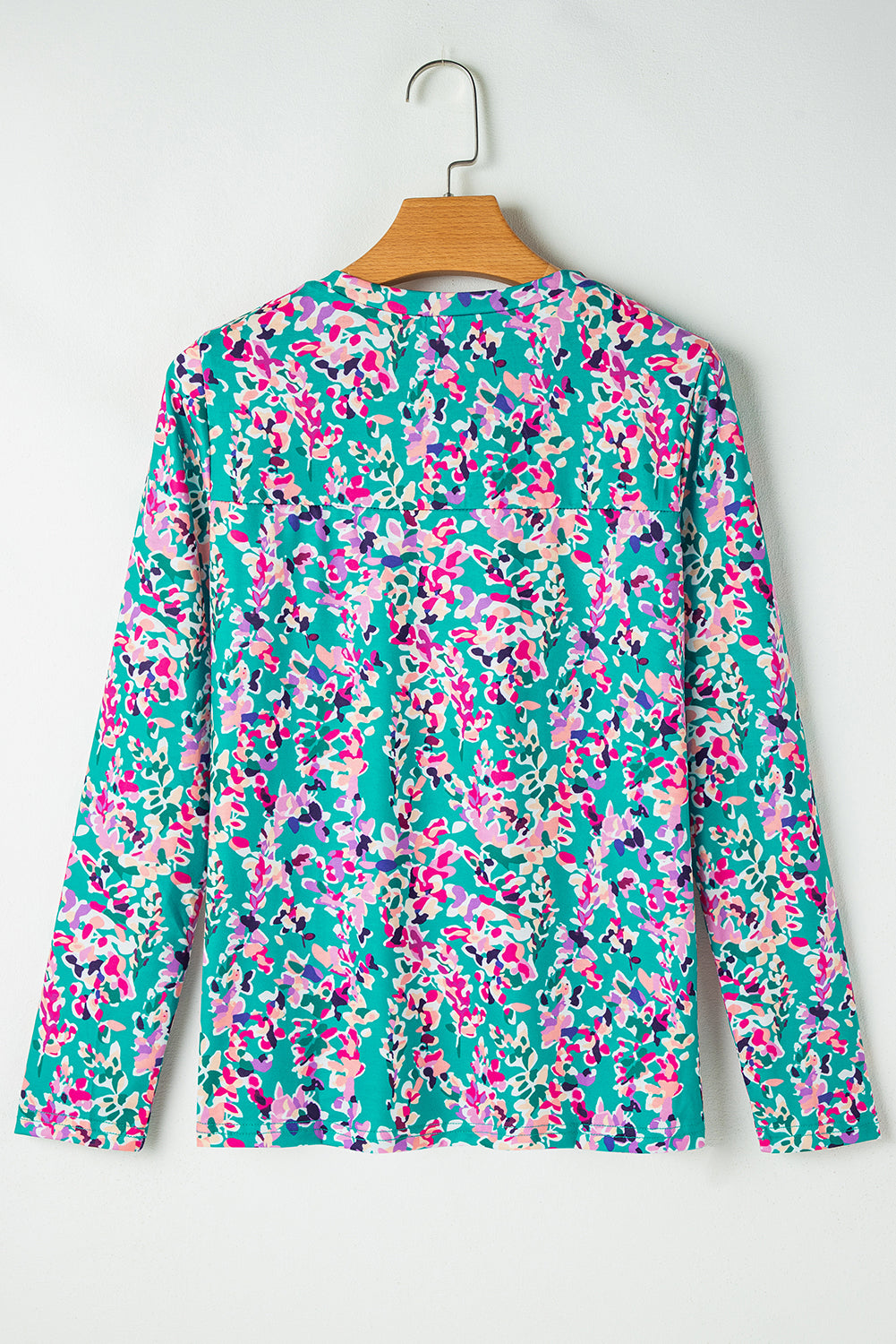 Green Floral Pleated Round Neck Long Sleeve Blouse